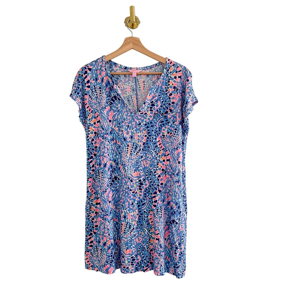 Lilly Pulitzer Duval Tic Tac Tile V-Neck Mini T-Shirt Dress Blue Pink S - Picture 2 of 9
